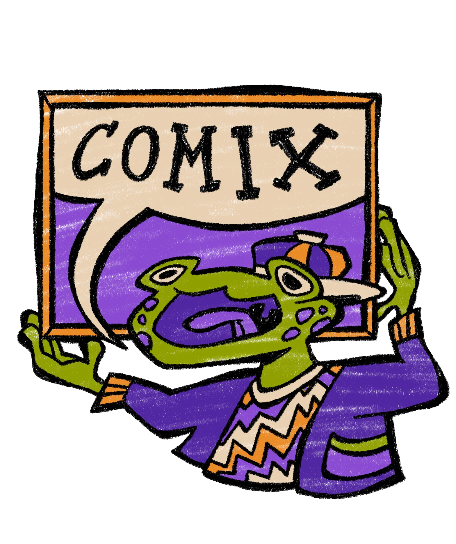 Cartoon frog reading comics – Comix section